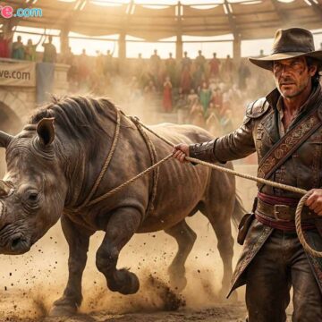 A Heroic Man Performs a Dangerous Rodeo Stunt Atop a Monstrous Beast Inside a Massive Arena - Free Ai Image Prompt