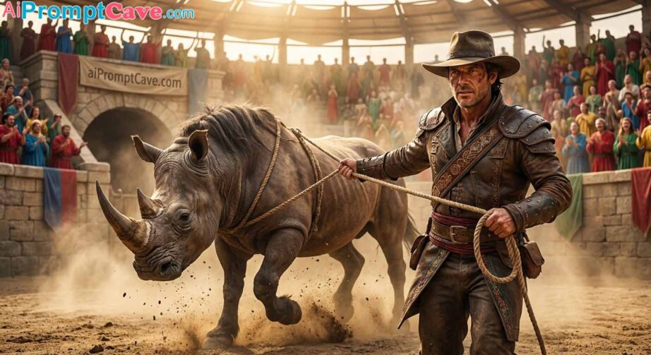 A Heroic Man Performs a Dangerous Rodeo Stunt Atop a Monstrous Beast Inside a Massive Arena - Free Ai Image Prompt