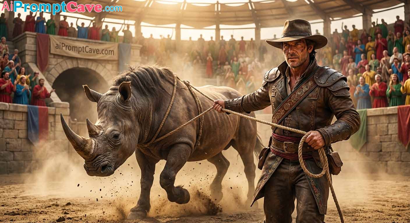 A Heroic Man Performs a Dangerous Rodeo Stunt Atop a Monstrous Beast Inside a Massive Arena - Free Ai Image Prompt