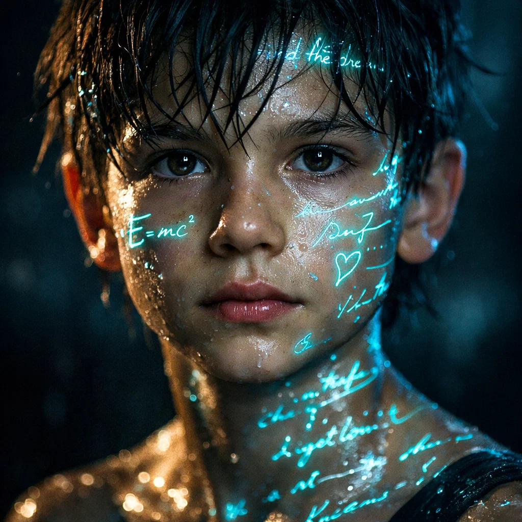 A cinematic ultra-realistic close-up portrait of a young boy kid with wet tousled dark hair and luminous skin