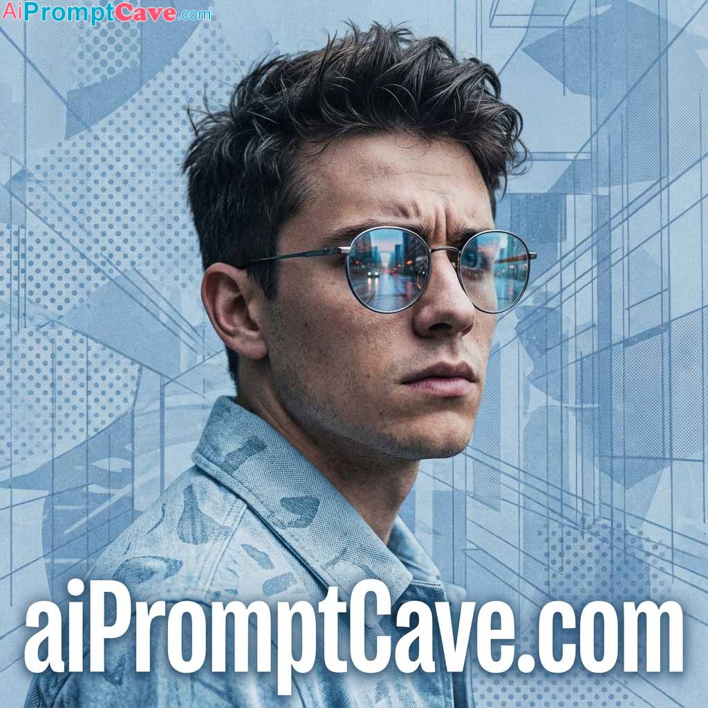 A handsome young man with short messy dark hair wears round glasses that reflect the blurry cityscape His furrowed brow and focused gaze reveal deep concentration