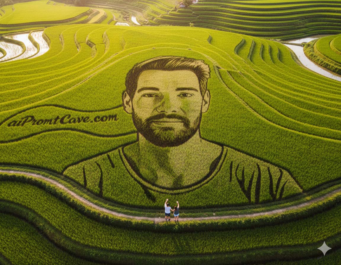 A Large-Scale Self-Portrait Carved into The Ground Garden - Free Ai Image Prompt Create a vibrant summer scene set against a backdrop of expansive terraced rice paddies under