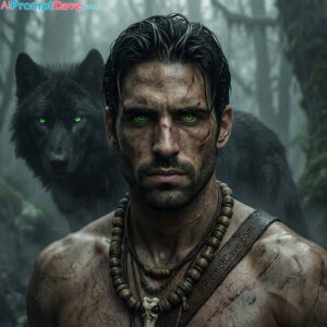 Dark-Fantasy of a Warrior and Wolf in a Misty Forest with Supernatural Eyes - Free Ai Prompt aiPromptCave