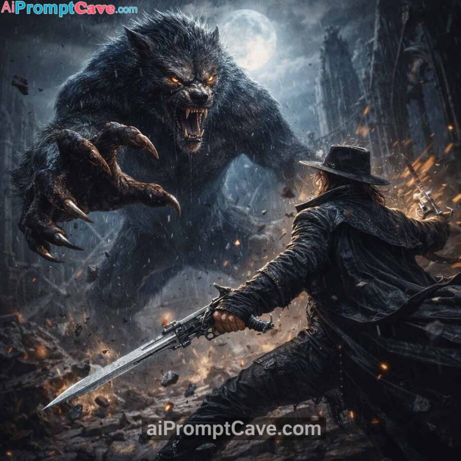 Epic Cinematic Battle - Werewolf Vs Man Prompt - Free Ai Image Prompt