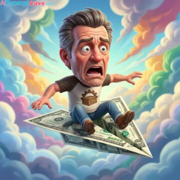 Funny 3D cartoon version of me, oversized head, flying on a tiny paper plane made of 2025 bills - Free Ai Image Prompt