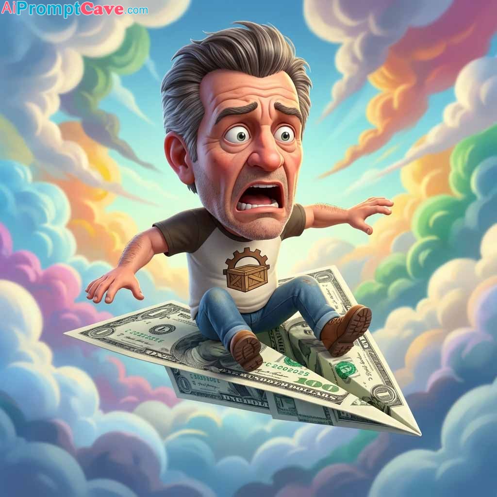 Funny 3D cartoon version of me, oversized head, flying on a tiny paper plane made of 2025 bills - Free Ai Image Prompt