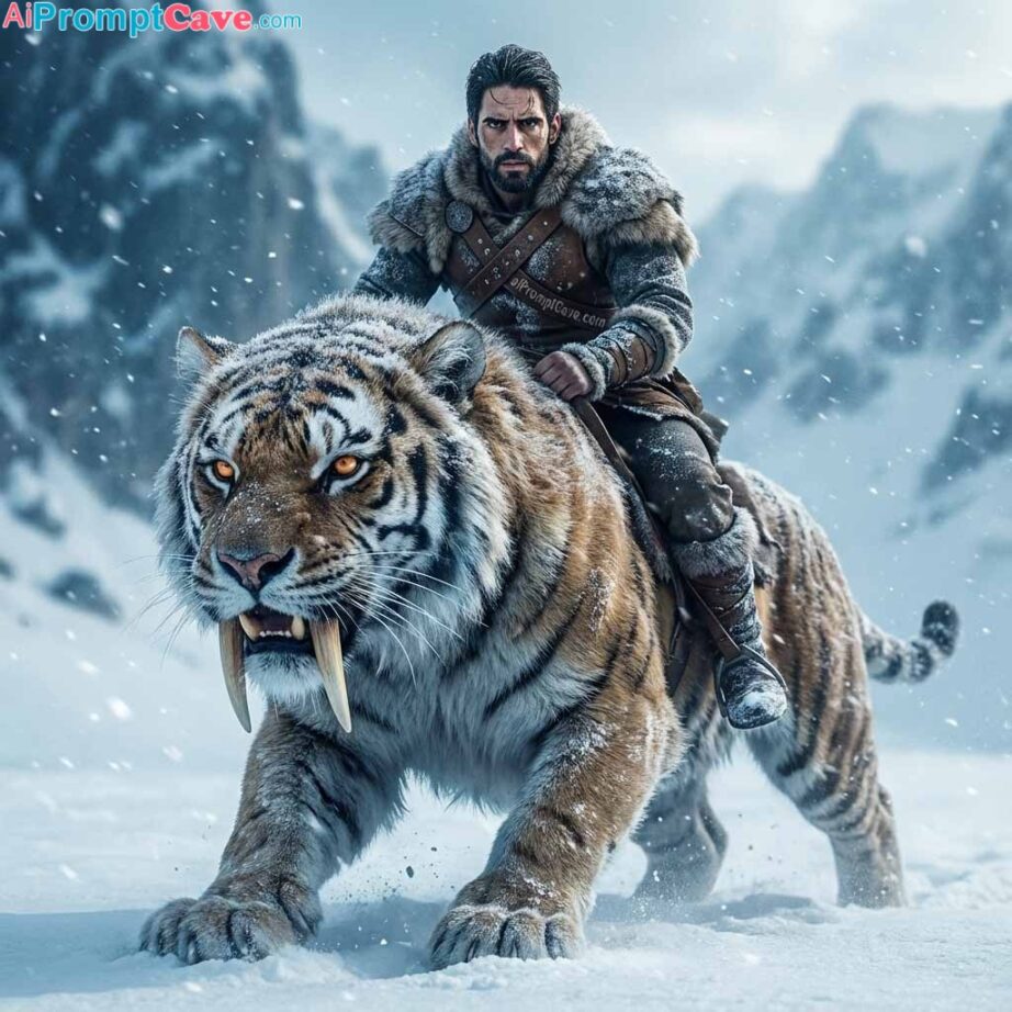 aipromptcave.com A fierce Nordic warrior man massive prehistoric saber-toothed tiger through a frozen snowfield He wears rugged fur and leather armor battle-worn and frost-covered eyes The beast has enormous curved fangs