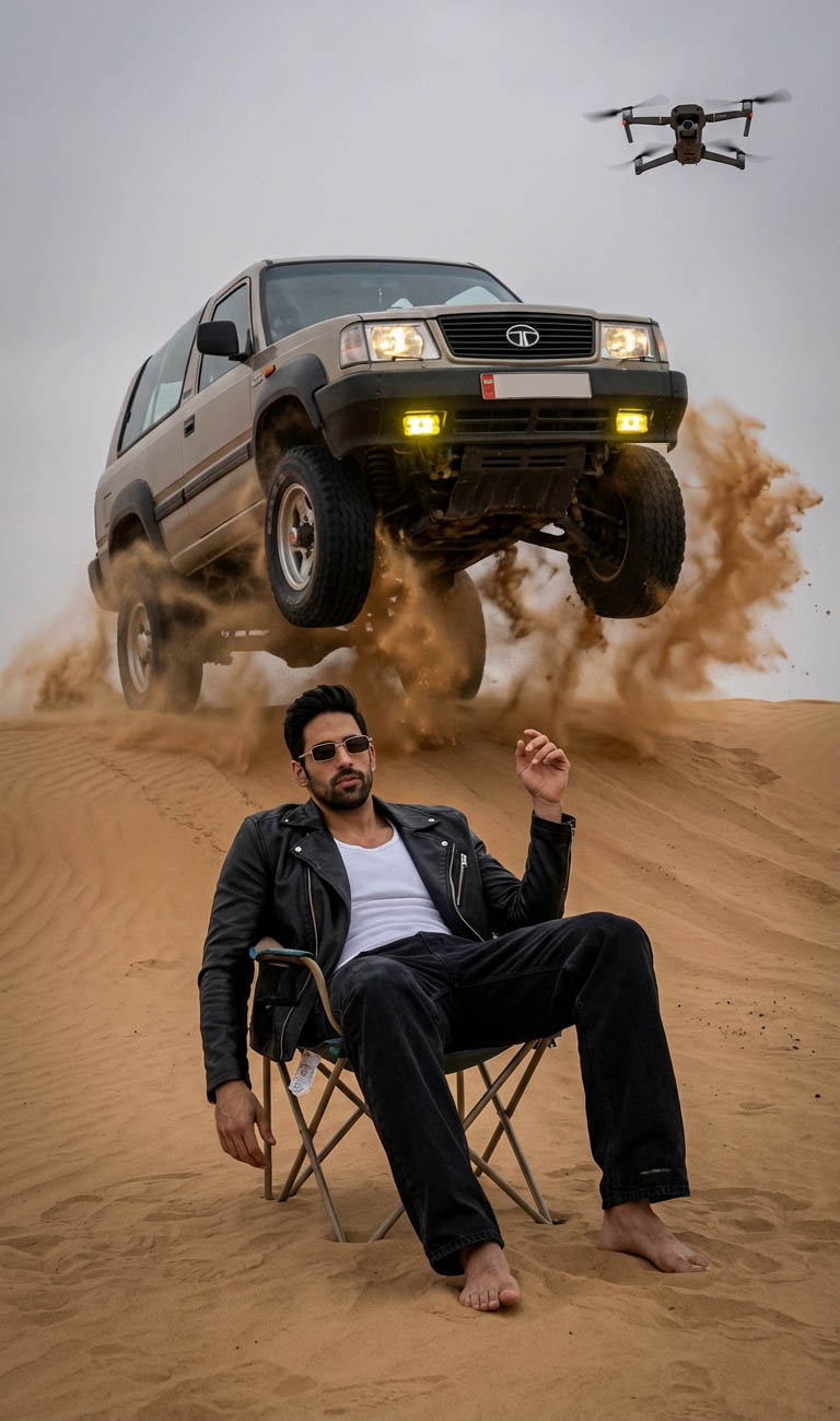 car jump in desert behind a man convert your photo to a cinematic movie poster