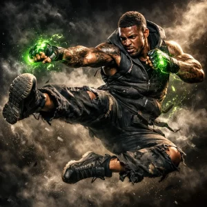Cinematic Poster of a Powerful Male Fighter Mid-Air in a Dynamic Combat Pose cinematic poster of a powerful male fighter mid-air in a dynamic combat pose