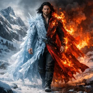 fantasy portrait of a man embodying fire and ice, standing in a frozen mountain landscape