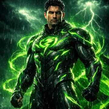 A cinematic superhero portrait of (Green Storm), a powerful green‑themed hero inspired by emerald energy.