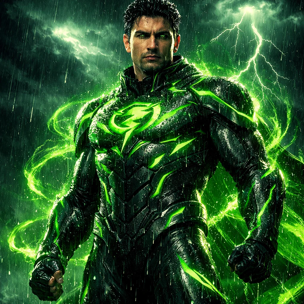 A cinematic superhero portrait of (Green Storm), a powerful green‑themed hero inspired by emerald energy.