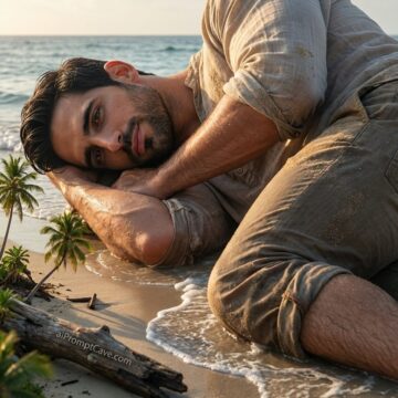 Be in a Cinematic Fantasy Giant Portrait – Ultra-Realistic Colossal Man on Tropical Beach - Free Ai Prompt