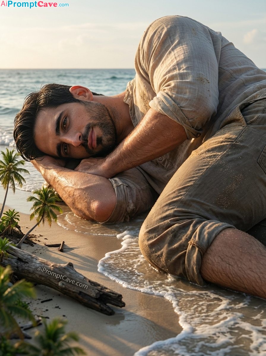Be in a Cinematic Fantasy Giant Portrait – Ultra-Realistic Colossal Man on Tropical Beach - Free Ai Prompt