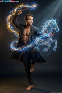 Cinematic Fantasy Scene of a Man and Horse captures a moment of advanced spellcasting in motion- Free Ai Prompt