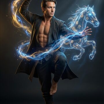 Cinematic Fantasy Scene of a Man and Horse captures a moment of advanced spellcasting in motion- Free Ai Prompt