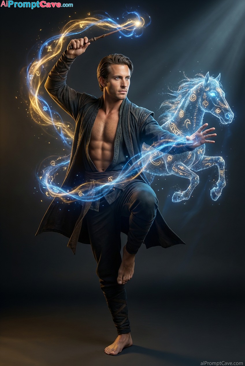 Cinematic Fantasy Scene of a Man and Horse captures a moment of advanced spellcasting in motion- Free Ai Prompt