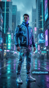 Cyberpunk Fashion Poster Marketing Ad Creative – Futuristic Neon Streetwear in a High-Tech City - Free Ai Prompt