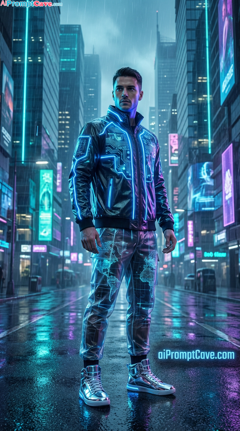 Cyberpunk Fashion Poster Marketing Ad Creative – Futuristic Neon Streetwear in a High-Tech City - Free Ai Prompt