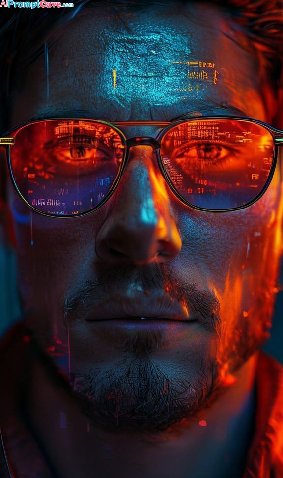 Extreme Close-Up Portrait of yourself with Neon Data Projection - Free Ai Prompts