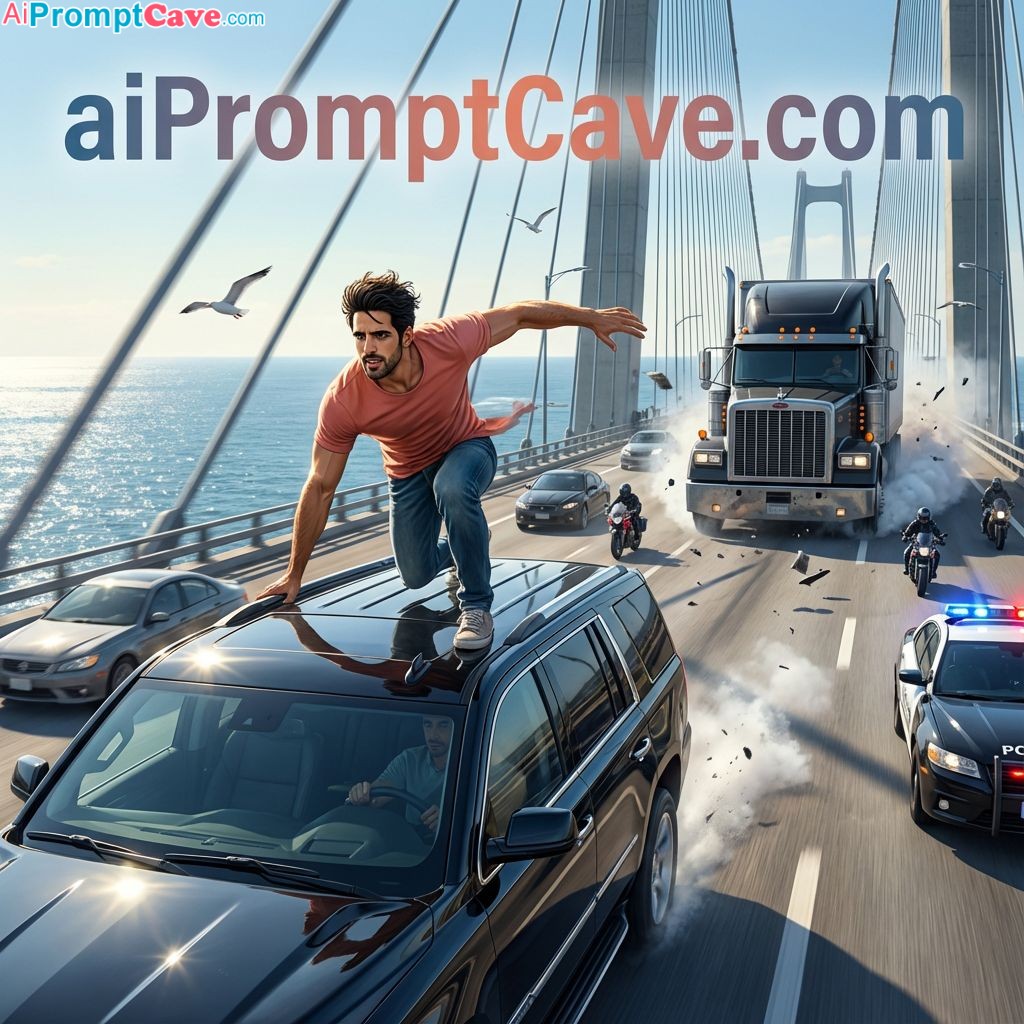 How to Be in a Cinematic Action Scene on SUV Chase Over Ocean Bridge - Free Ai Prompt