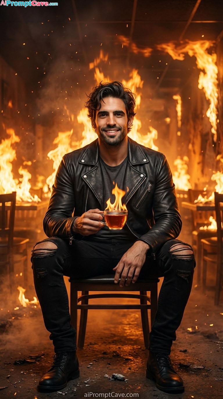 How to Create Cinematic Fire Portrait of yourself Calmly Sitting in a Burning Restaurant - Free Ai Image