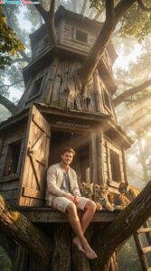 How to Create a Cinematic Tree House Portrait of yourself with Tiger Cubs in Morning Light - Free Ai Prompt
