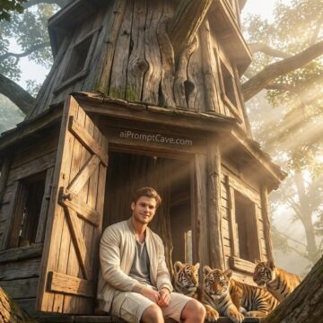 How to Create a Cinematic Tree House Portrait of yourself with Tiger Cubs in Morning Light - Free Ai Prompt