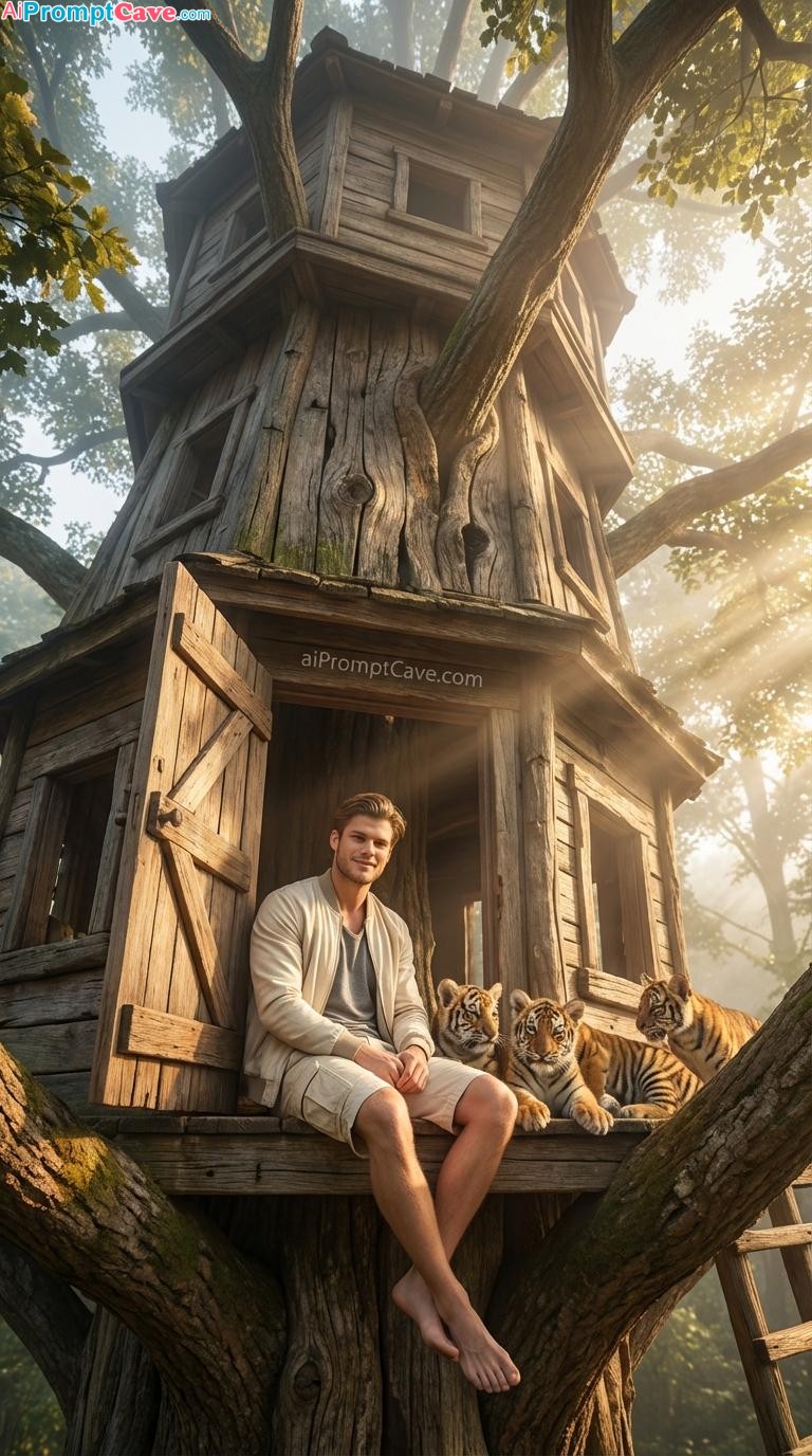 How to Create a Cinematic Tree House Portrait of yourself with Tiger Cubs in Morning Light - Free Ai Prompt