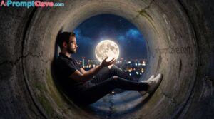 How to Create hyper-realistic, cinematic image of you with surreal moon-holding - Free Ai Prompt Library Concrete Pipe Moon Holding