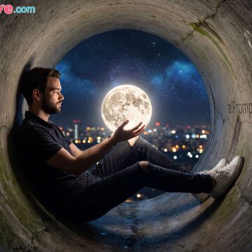 How to Create hyper-realistic, cinematic image of you with surreal moon-holding - Free Ai Prompt Library Concrete Pipe Moon Holding