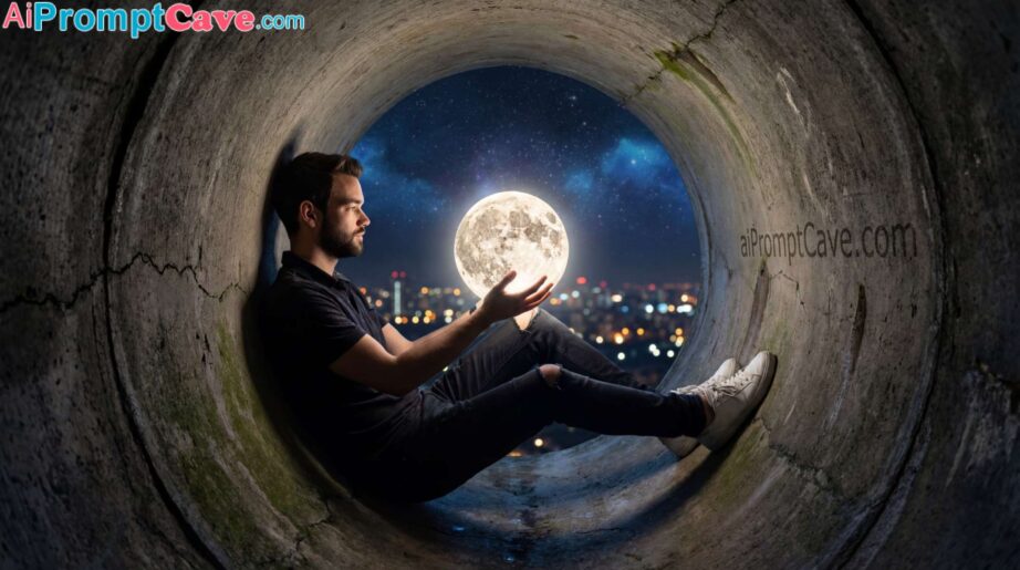 How to Create hyper-realistic, cinematic image of you with surreal moon-holding - Free Ai Prompt Library Concrete Pipe Moon Holding