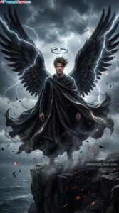 How to Design Dark Angel Portrait of yourself as Epic Celestial Figure on Stormy Cliff - Free Ai Prompt