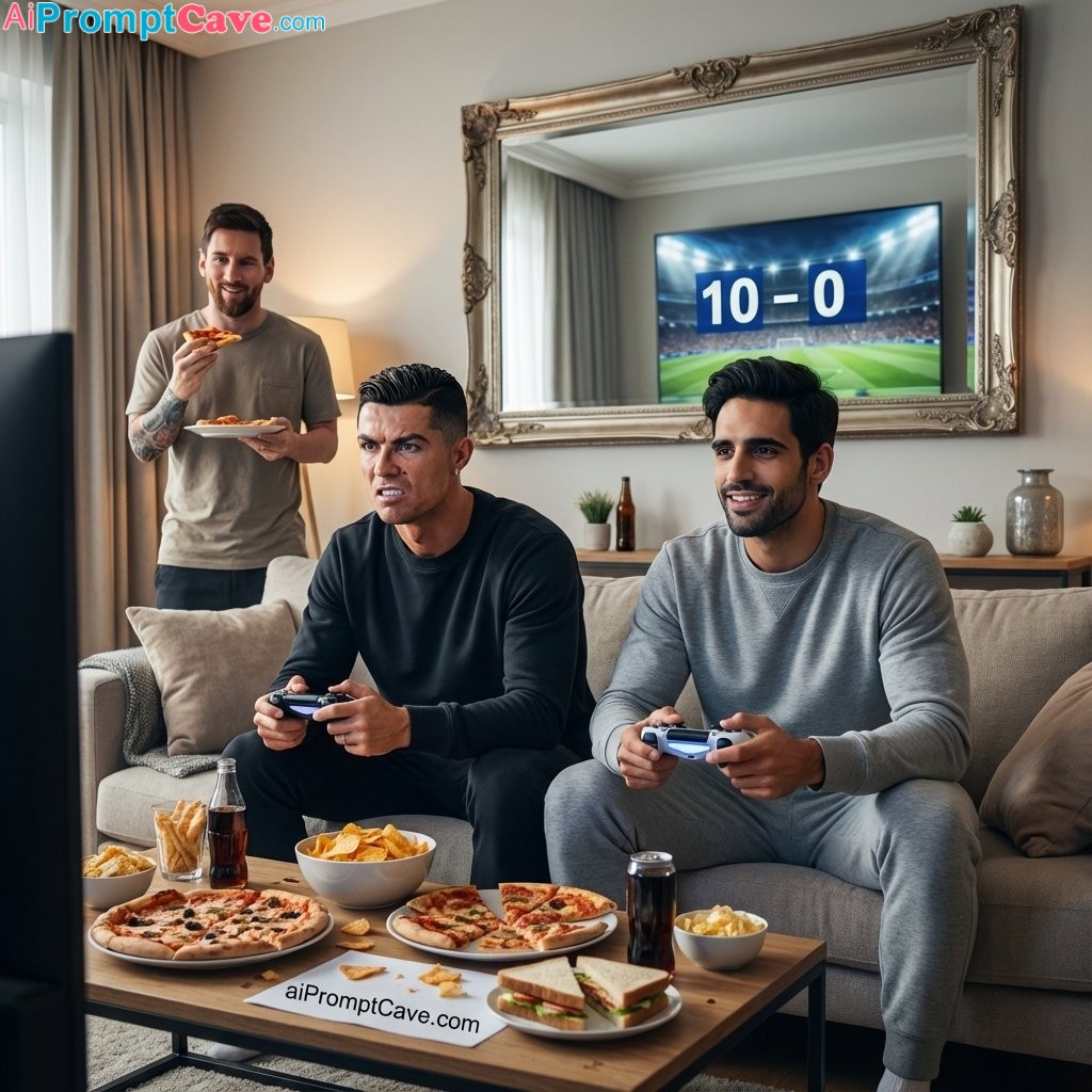 How to Make a Photo of you Playing PlayStation with Cristiano Ronaldo and Messi - Free Ai Prompt Library