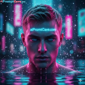 How to Make my Photo Like a cyberpunk cinematic portrait of a young man rising slowly from neon-illuminated water - Free Ai Prompt
