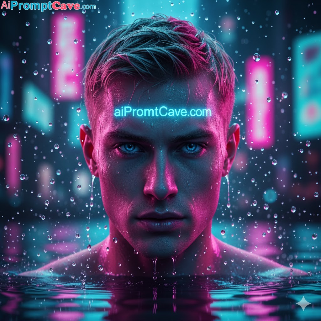 How to Make my Photo Like a cyberpunk cinematic portrait of a young man rising slowly from neon-illuminated water - Free Ai Prompt