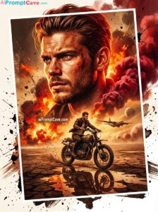 How to Make your Image as an Epic Movie Poster of Man on Motorcycle with Fiery Chaos - Free Ai Prompt