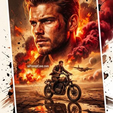 How to Make your Image as an Epic Movie Poster of Man on Motorcycle with Fiery Chaos - Free Ai Prompt