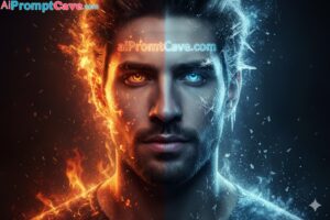 How to Make your photo as Fire and Ice Split Face Man – Ultra-Realistic Cinematic Fantasy Free Ai Prompt