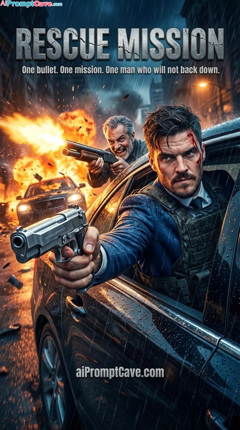 How to Put yourself in a Rescue Mission Action Poster – Cinematic Car Chase Gunfight - Free Ai Prompt