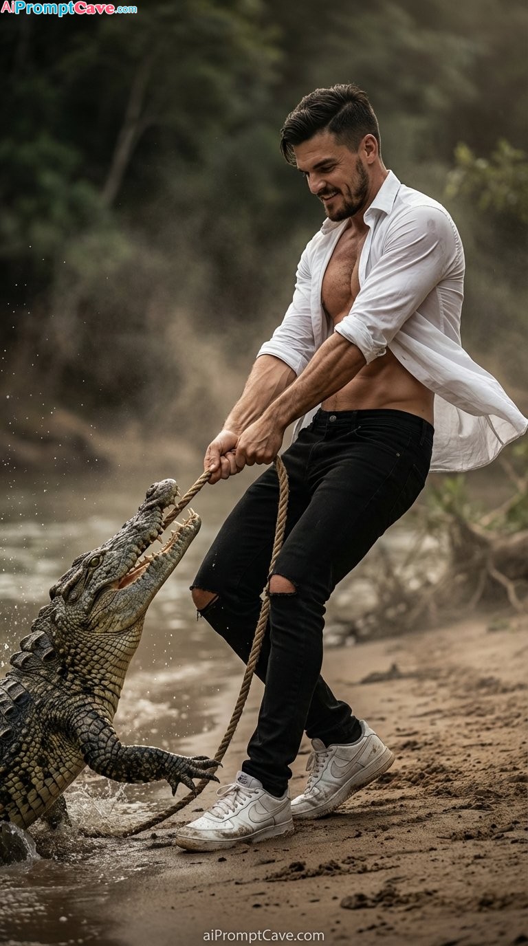 How to Turn your Photo as a Man Pulling a Crocodile in Action - Free Ai Prompt