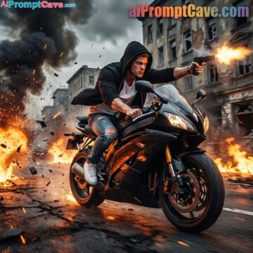 How to make your photo as Cinematic Action Motorcycle Scene with Gunfire in a Chaotic City - Free Ai Prompt