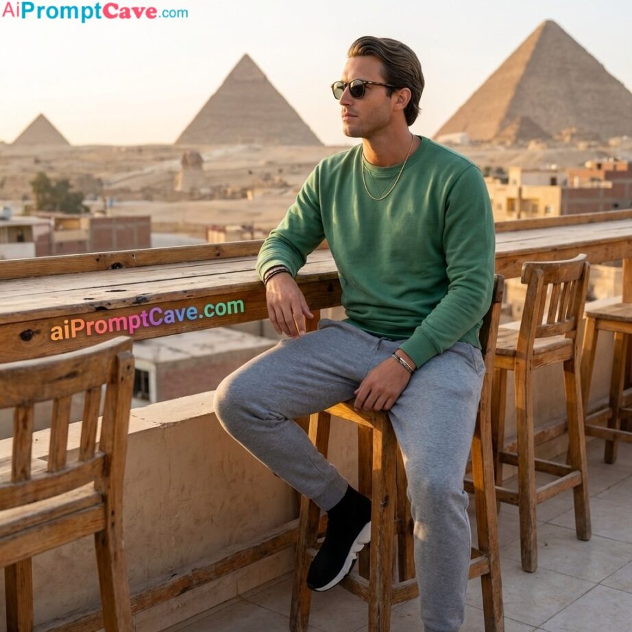 How to take a picture at Pyramids of Giza in a Patio Bar from your home - Free Ai Prompt