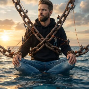Make your photo as a Man Bound by Chains on the Ocean – Emotional Surreal Cinematic Fantasy Artwork - Free Ai Prompt