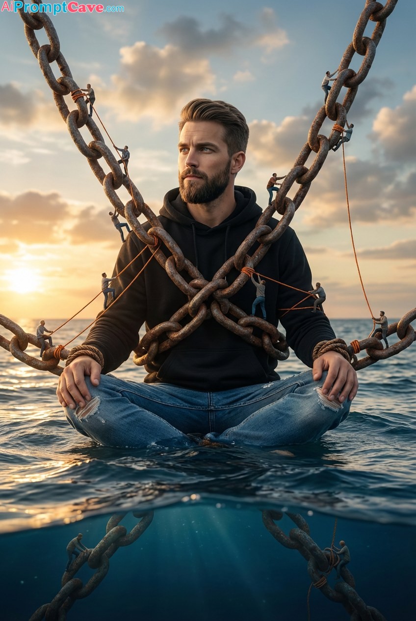 Make your photo as a Man Bound by Chains on the Ocean – Emotional Surreal Cinematic Fantasy Artwork - Free Ai Prompt