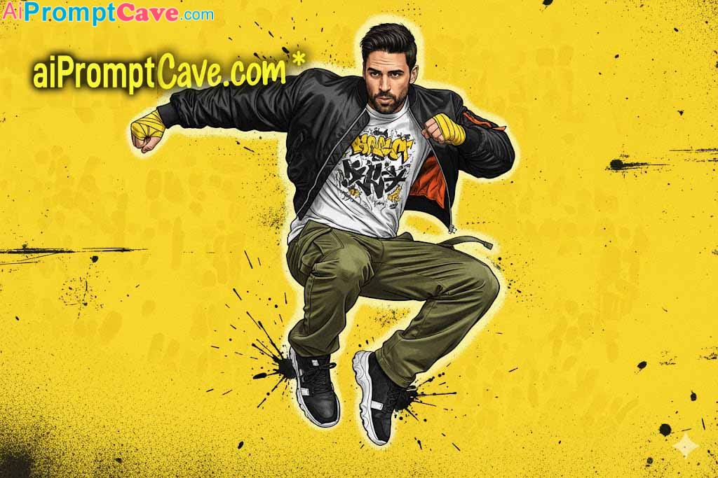 Turn Your Photo into a High-Energy Street Fashion Poster – Mid-Air Jump Pose, Urban Comic-Style 8K