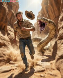 Turn your photo into an Epic Desert Canyon Chase Man Running for His Life from a Giant Monster Snake Cinematic Survival Scene - Free Ai Prompt