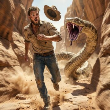 Turn your photo into an Epic Desert Canyon Chase Man Running for His Life from a Giant Monster Snake Cinematic Survival Scene - Free Ai Prompt
