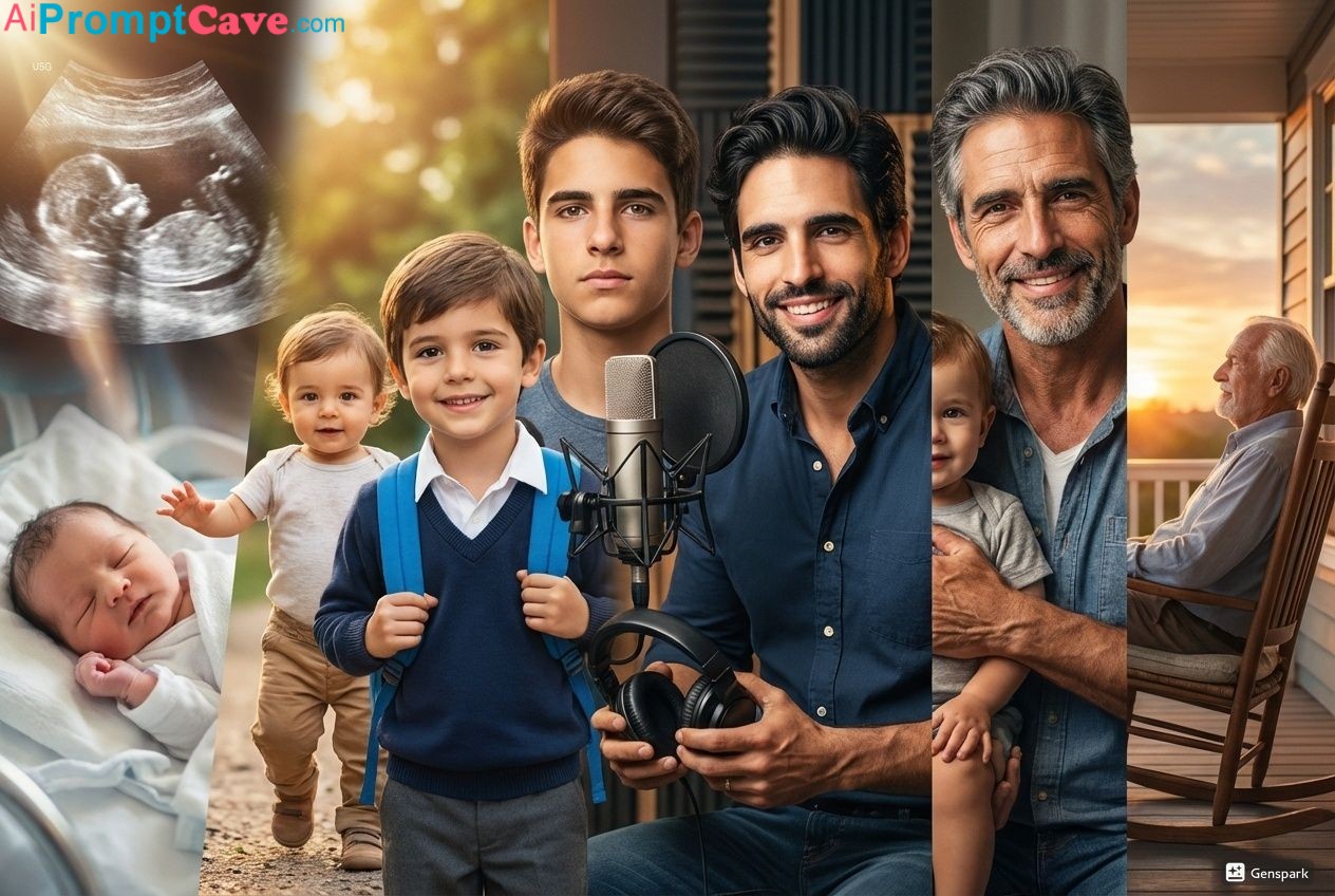 Free Ai Prompt Make a One Design of You in Multiple Ages - Emotional Life Journey Collage