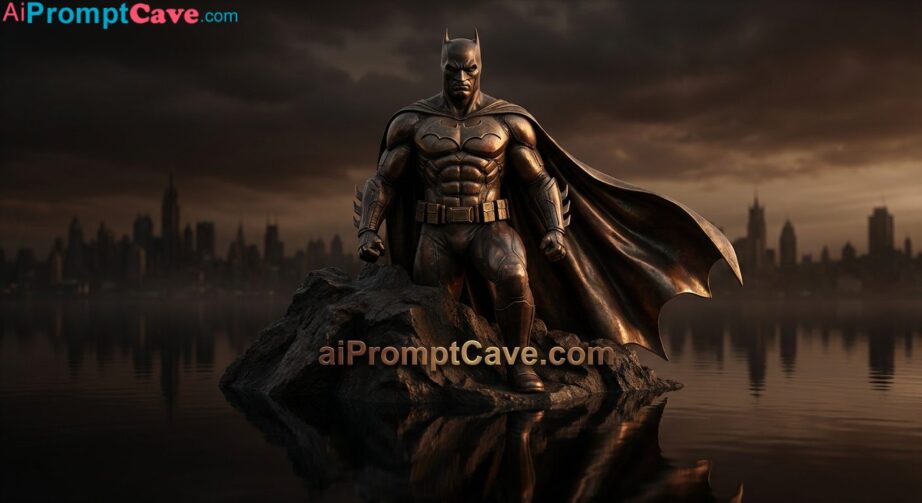 How to Create Cinematic Bronze Batman Statue with Dramatic Lighting and Dark Reflective Water - Free Ai Prompt